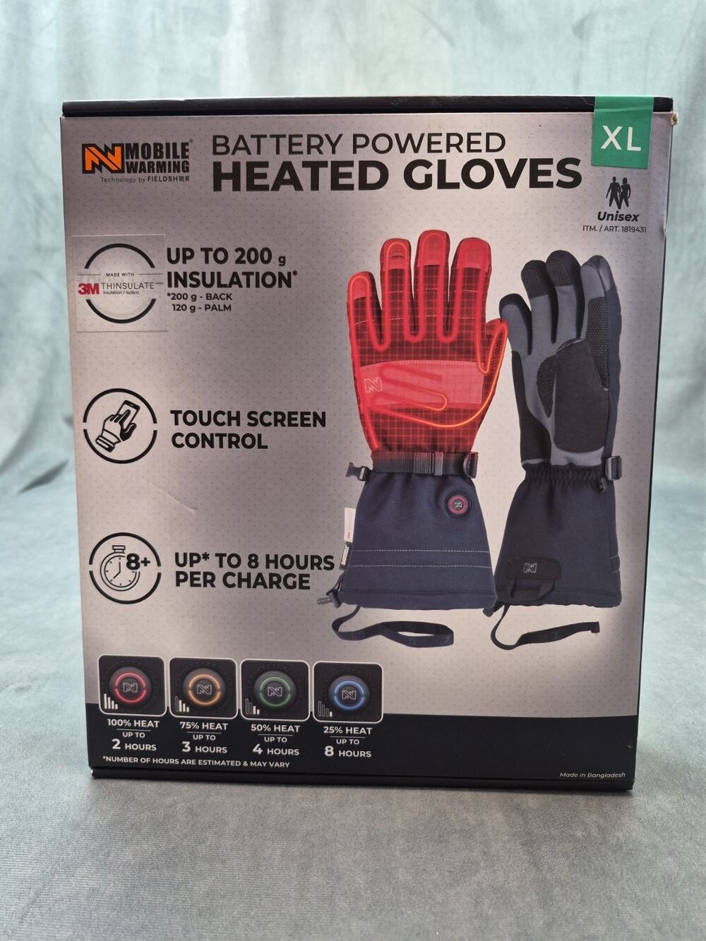 Mobile Warming Battery Heated Gloves Size XL Adjustable Heat Rechargeable NEW